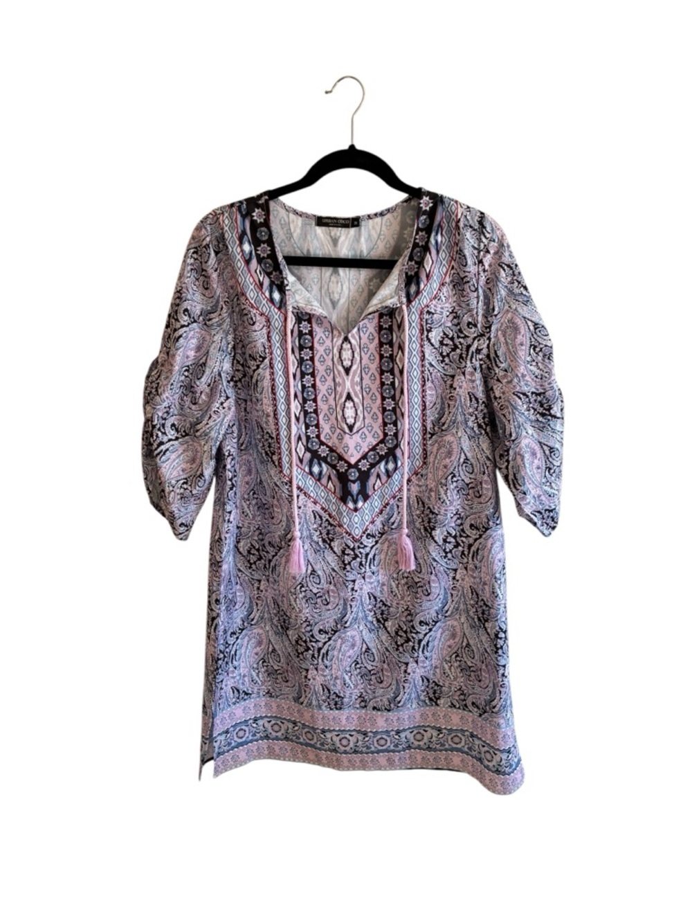 Paisley Boho Embroidered Swim Coverup Tunic - Lavender/Black